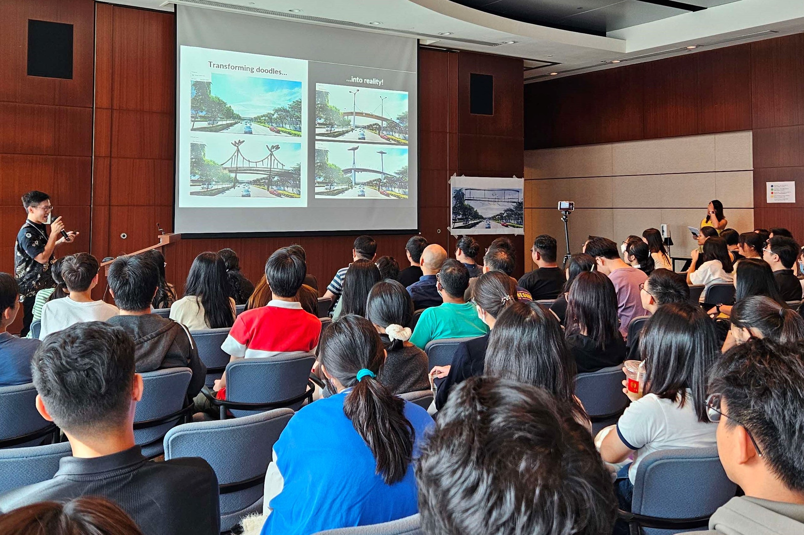 Audience attending a presentation on Generative AI in urban planning, with visuals showing concept designs transformed into real-world outcomes.